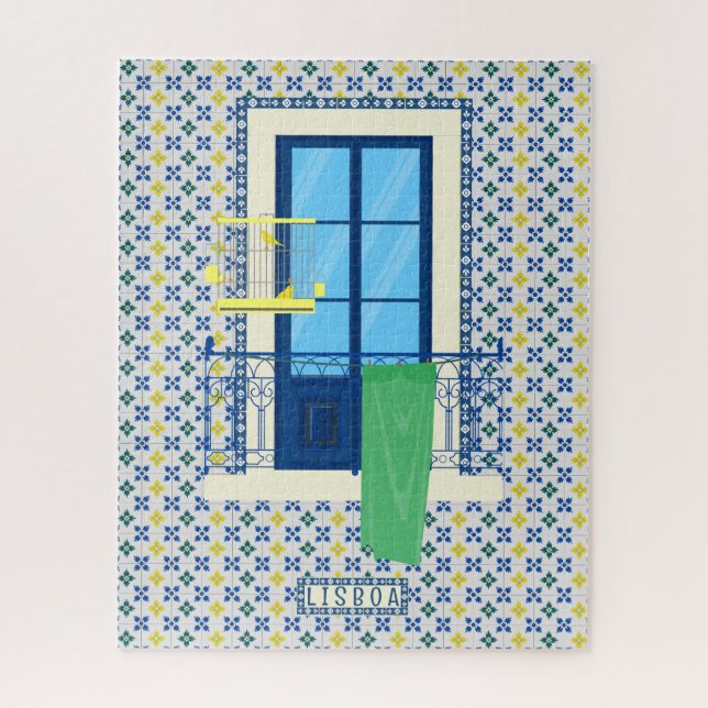 Portugiesische Fliesen und Fensterbalkon mit Vogel (Vertikal)