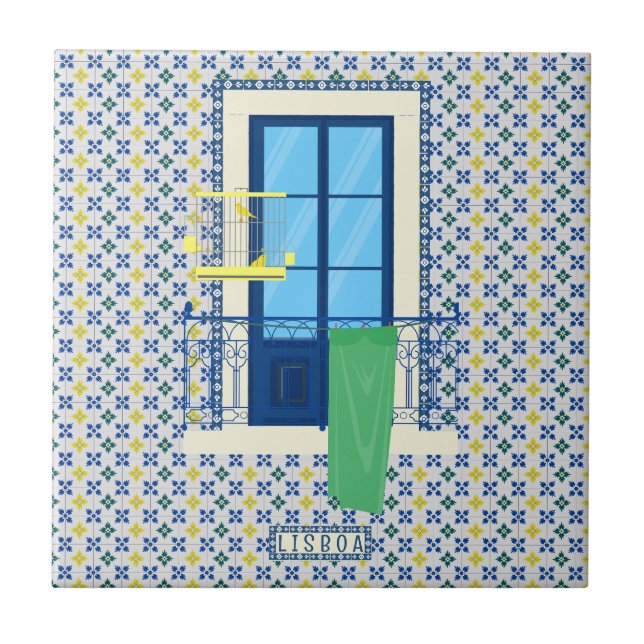 Portugiesische Fliesen und Fensterbalkon mit Vogel (Vorderseite)