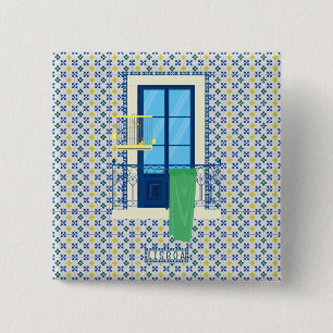Portugiesische Fliesen und Fensterbalkon mit Vogel Button
