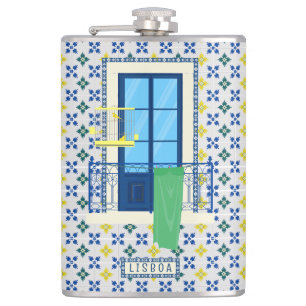 Portugiesische Fliesen und Fensterbalkon mit Vogel Flachmann