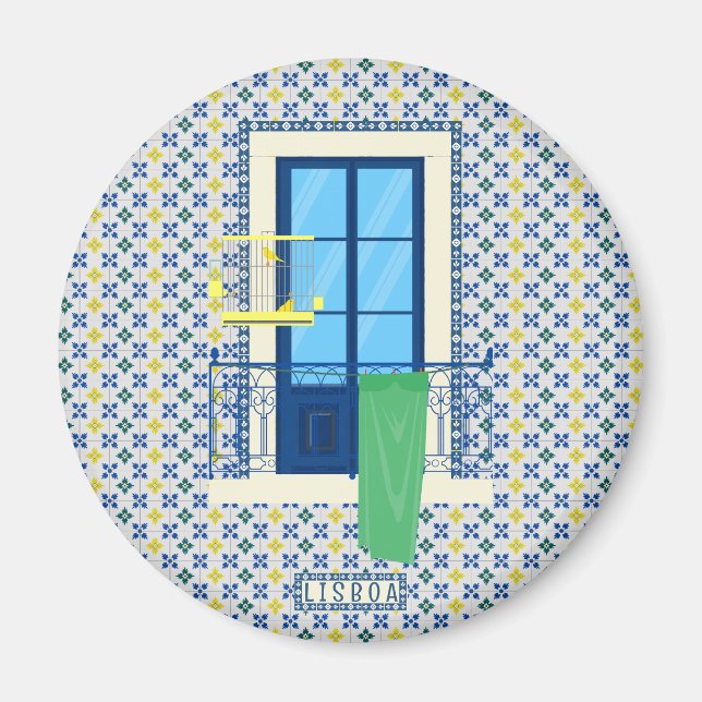 Portugiesische Fliesen und Fensterbalkon mit Vogel Magnet (Vorne)