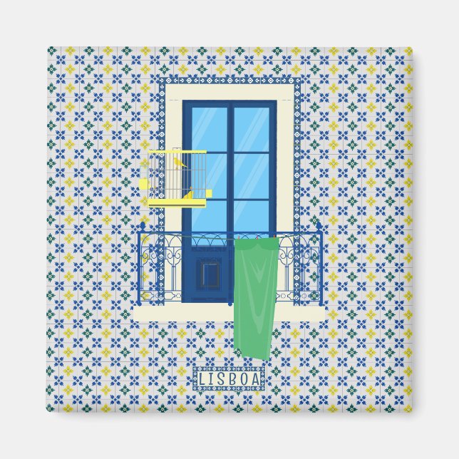 Portugiesische Fliesen und Fensterbalkon mit Vogel Magnet (Vorne)