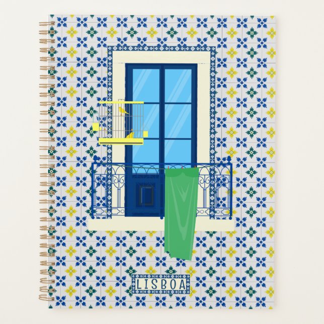 Portugiesische Fliesen und Fensterbalkon mit Vogel Planer (Vorderseite)