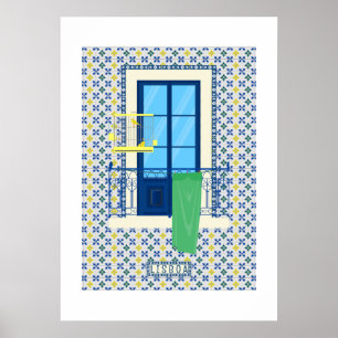 Portugiesische Fliesen und Fensterbalkon mit Vogel Poster