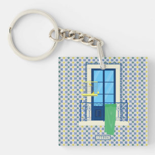 Portugiesische Fliesen und Fensterbalkon mit Vogel Schlüsselanhänger