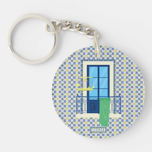 Portugiesische Fliesen und Fensterbalkon mit Vogel Schlüsselanhänger (Vorderseite)