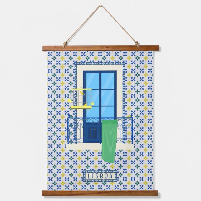 Portugiesische Fliesen und Fensterbalkon mit Vogel Wandteppich Mit Holzrahmen (Vorderseite)