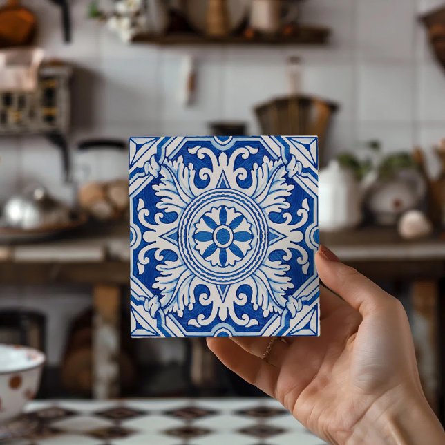 Portugiesische Fliesen-Untersetzer aus Keramik in  Fliese (Portuguese Tile Art Coasters Vibrant Blue & White 1 )