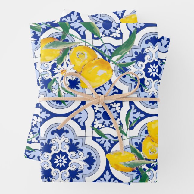 Portugiesische Fliesen, Zitronen, Früchte, Sommerk Geschenkpapier Set (Beispiel)
