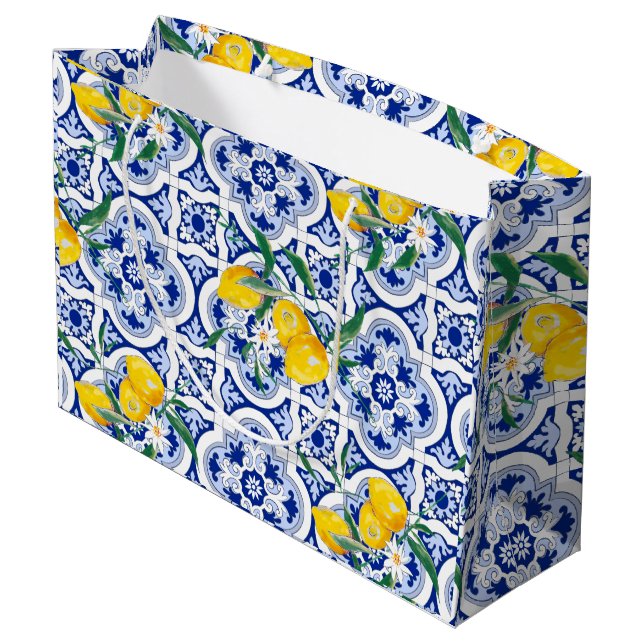 Portugiesische Fliesen, Zitronen, Früchte, Sommerk Große Geschenktüte (Rückseite Schrägansicht)