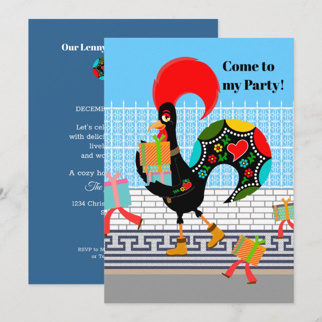 Portugiesische Rooster mit Geschenken 1. Geburtsta Einladung (Vorne/Hinten)
