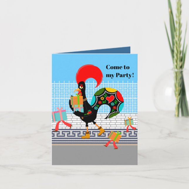 Portugiesische Rooster mit Geschenken 1. Geburtsta Einladung (Vorderseite)