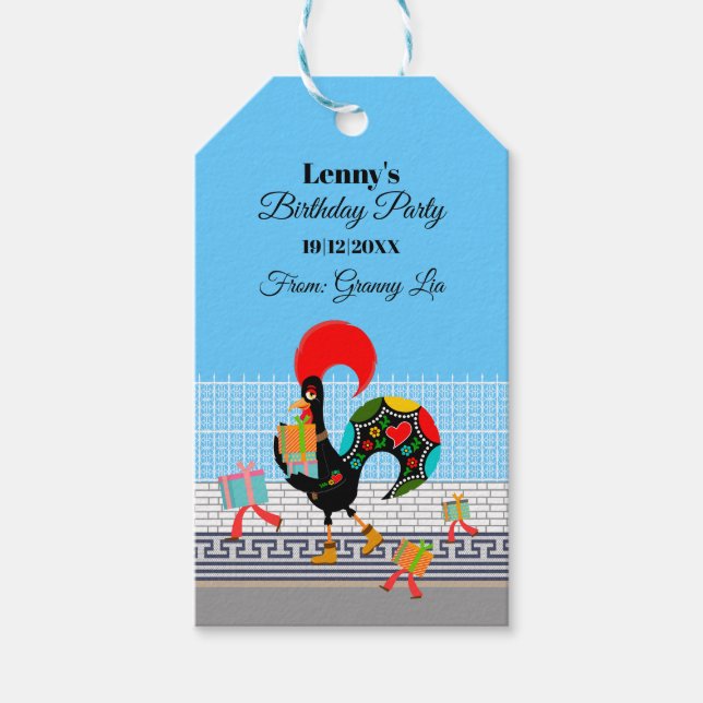 Portugiesische Rooster mit Geschenken 1. Geburtsta Geschenkanhänger (Vorderseite)