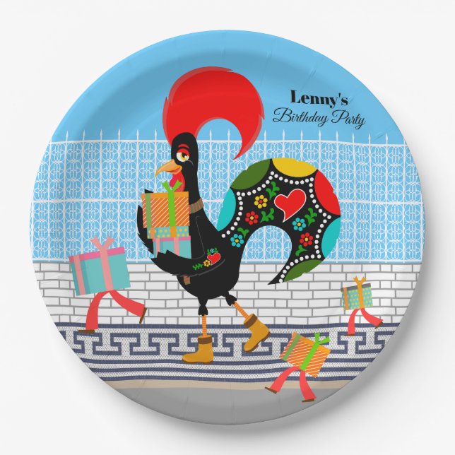 Portugiesische Rooster mit Geschenken 1. Geburtsta Pappteller (Vorderseite)
