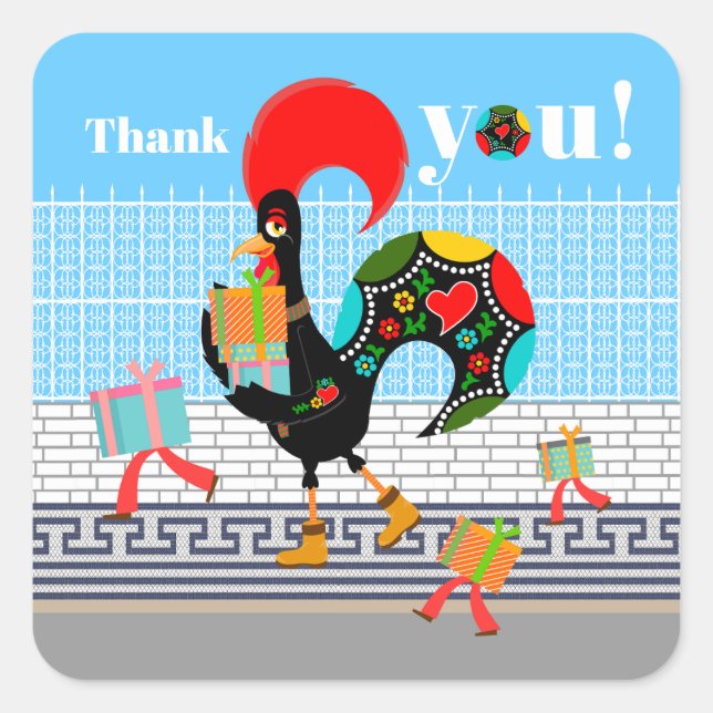 Portugiesische Rooster mit Geschenken 1. Geburtsta Quadratischer Aufkleber (Vorderseite)