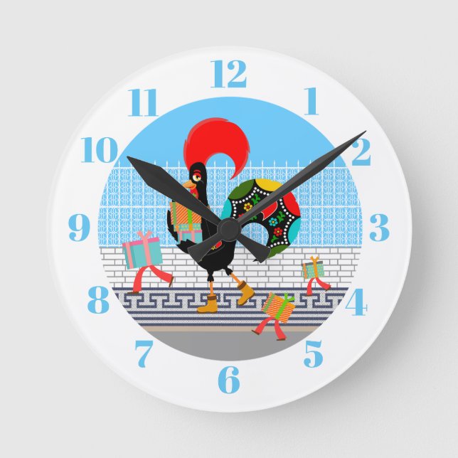 Portugiesische Rooster mit Geschenken 1. Geburtsta Runde Wanduhr (Vorderseite)