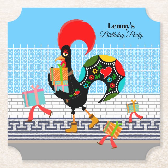 Portugiesische Rooster mit Geschenken 1. Geburtsta Untersetzer (Vorderseite)