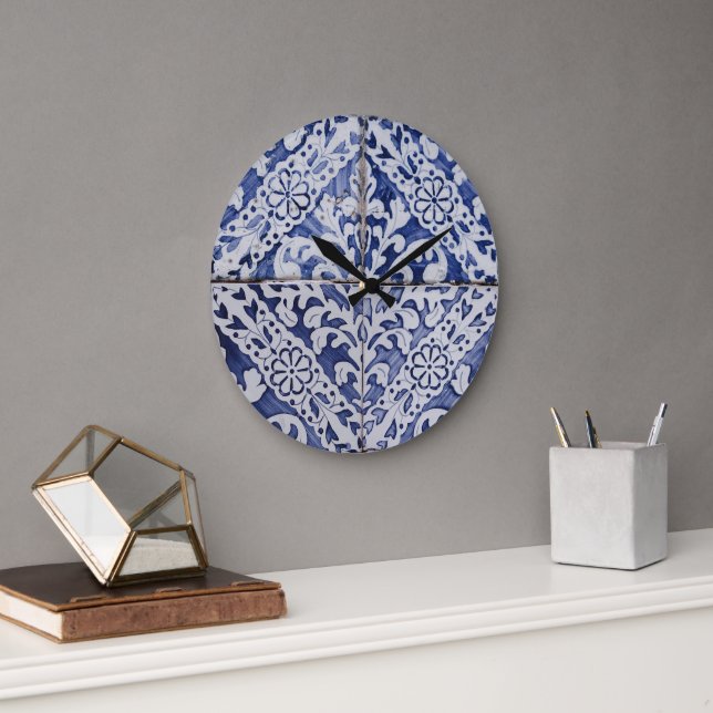 Portugiesische Tiles - Azulejo Blau und Weiße Flor Große Wanduhr (Büro)