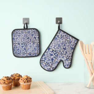 Portugiesische Tiles - Azulejo Blau und Weiße Flor Ofenhandschuh & Topflappen-Set