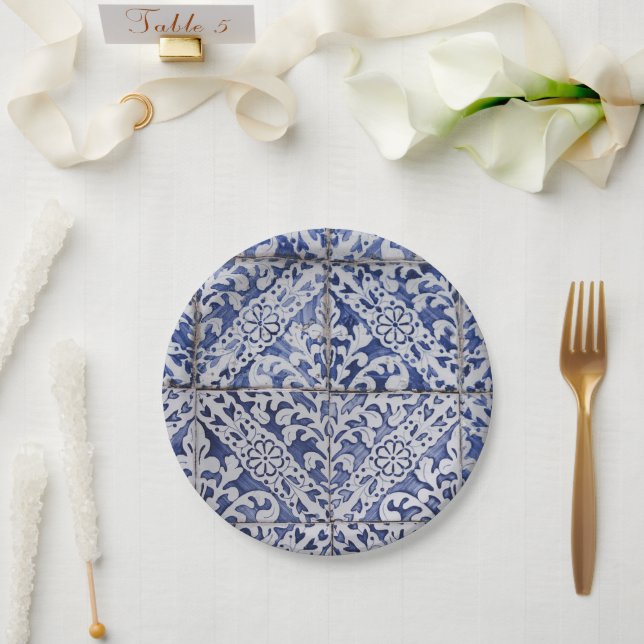 Portugiesische Tiles - Azulejo Blau und Weiße Flor Pappteller (Hochzeit)