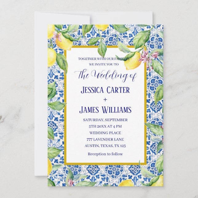 Portugiesische Tiles Lemons Mediterrane Hochzeit Einladung (Vorderseite)