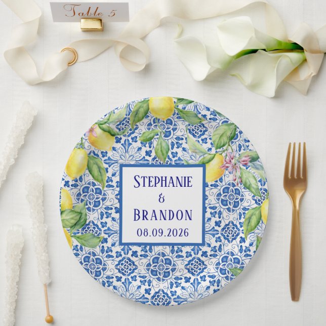 Portugiesische Tiles Lemons Mediterrane Hochzeit Pappteller (Hochzeit)