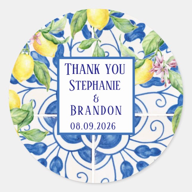 Portugiesische Tiles Lemons Mediterrane Hochzeit Runder Aufkleber (Vorderseite)