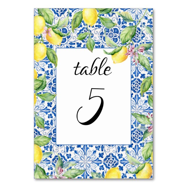 Portugiesische Tiles Lemons Mediterrane Hochzeit Tischnummer (Vorderseite)