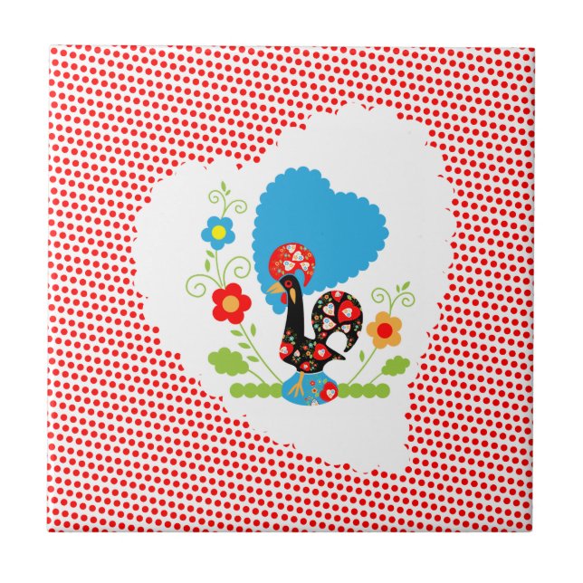 Portugiesischer Hahn mit roten Polka-Punkten Fliese (Vorderseite)