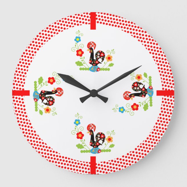 Portugiesischer Hahn mit roten Polka-Punkten Große Wanduhr (Vorderseite)