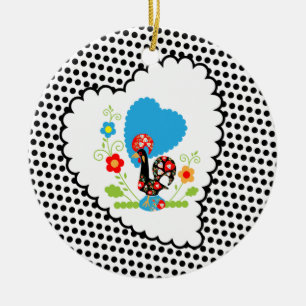 Portugiesischer Hahn mit schwarzen Polka-Punkten Keramikornament