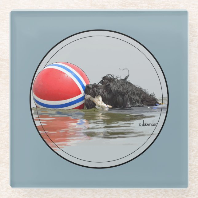 Portugiesischer Wasser-Hund mit Bojen-Ball Glasuntersetzer (Vorderseite)