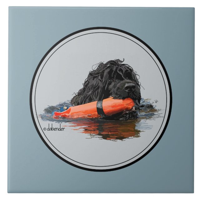 Portugiesischer Wasser-Hund mit orange Stoßdämpfer Fliese (Vorderseite)