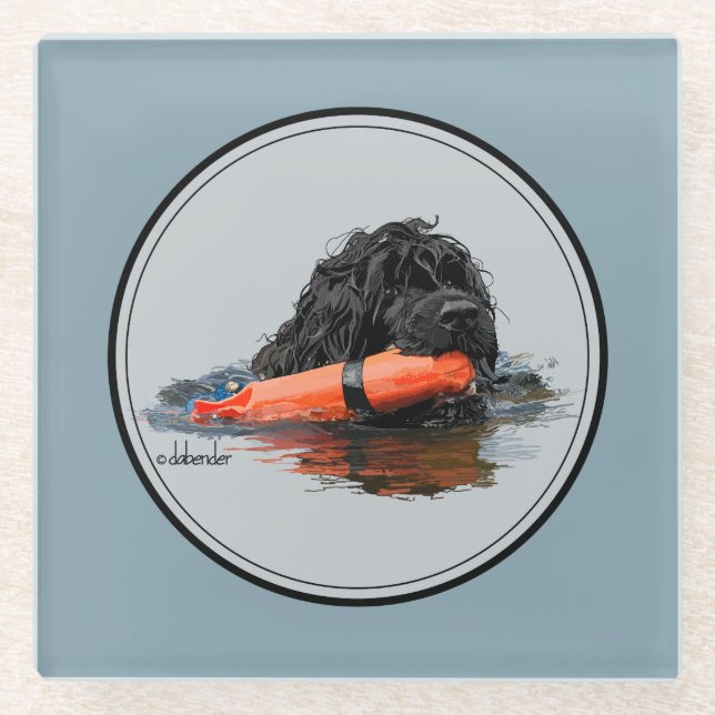 Portugiesischer Wasser-Hund mit orange Stoßdämpfer Glasuntersetzer (Vorderseite)