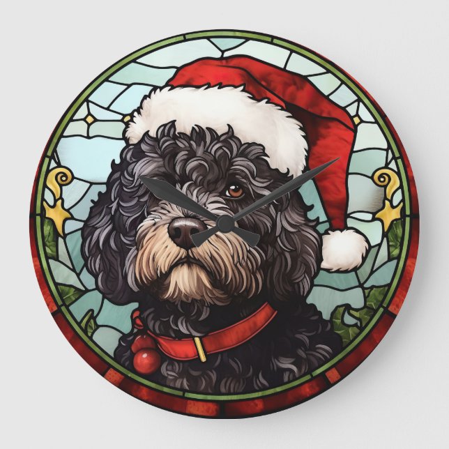 Portugiesischer Wasserhund Festgläserweihnachtsfes Große Wanduhr (Vorderseite)