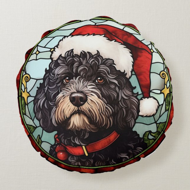 Portugiesischer Wasserhund Festgläserweihnachtsfes Rundes Kissen (Rückseite)
