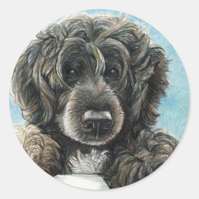 Portugiesischer Wasserhund Original Art Stickert Runder Aufkleber (Vorderseite)