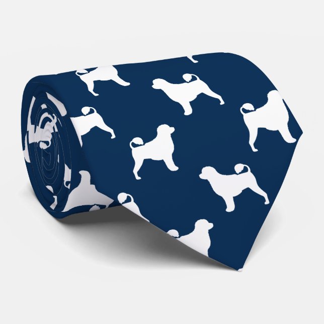 Portugiesischer Wasserhund Silhouetten Muster Blau Krawatte (Gerollt)