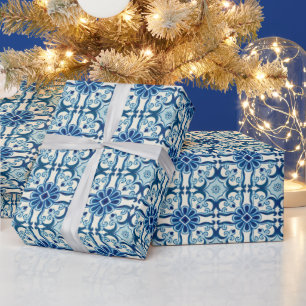 Portugiesisches Azulejos blaues Blumenmuster Geschenkpapier
