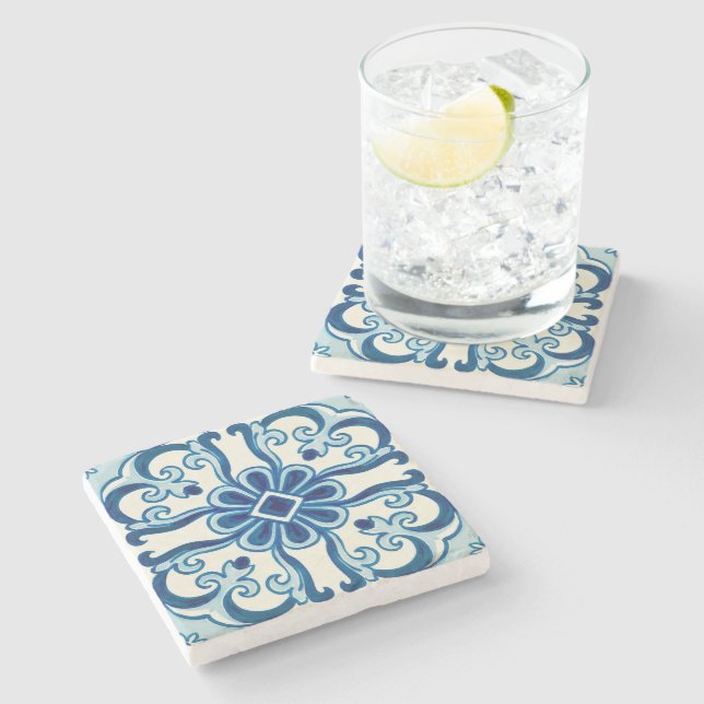 Portugiesisches Azulejos blaues Blumenmuster Steinuntersetzer (Seitenansicht)