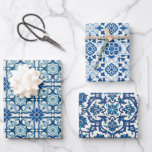 Portugiesisches Azulejos-Muster Geschenkpapier Set<br><div class="desc">Dies ist ein Set von drei Blättern Packpapier mit Vintagen blauen Aquarell portugiesischer azulejos Keramik Fliesen mandala Blumenmuster auf einem weißen Hintergrund.</div>