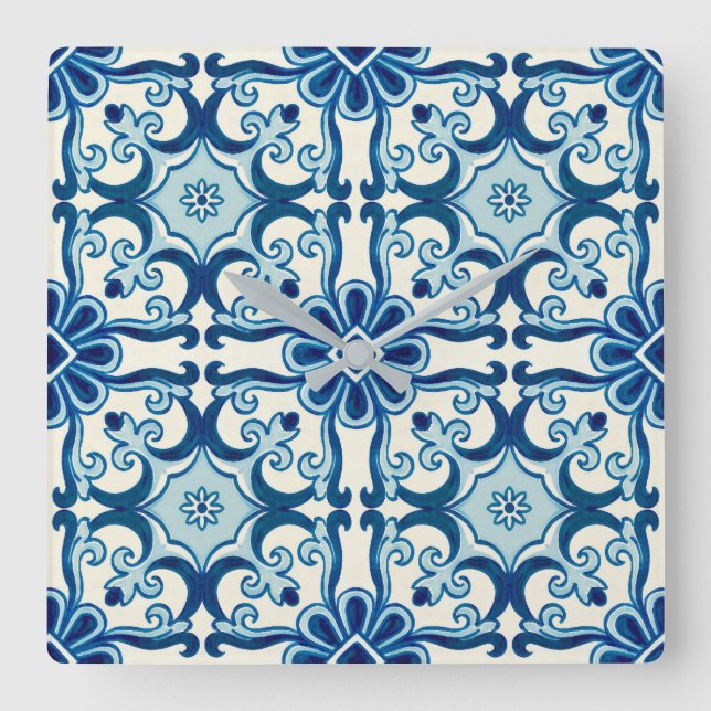 Portugiesisches Azulejos-Muster Quadratische Wanduhr (Vorderseite)