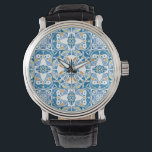 Portugiesisches Fliesenmuster Armbanduhr<br><div class="desc">Nahtlose Musterdarstellung in blau gelb und orange - wie portugiesische Fliesen © und ® Bigstock® - Alle Rechte vorbehalten.</div>