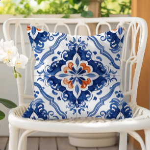 Portugiesisches Fliesenmuster Blau Weiß Orange Kissen