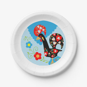 Portugiesisches Rooster mit Volksherzen und Blume Pappteller
