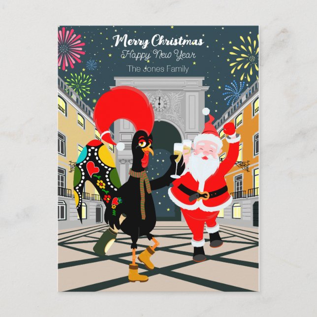 Portugiesisches Rooster und der Weihnachtsmann zum Postkarte (Vorderseite)