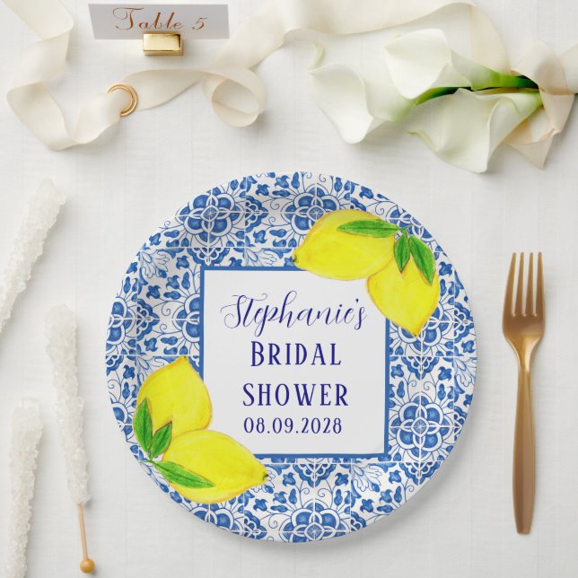 Portugiesisches Tiles Lemon Mittelmeer Brautparty Pappteller (Hochzeit)