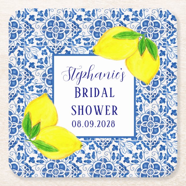 Portugiesisches Tiles Lemon Mittelmeer Brautparty Rechteckiger Pappuntersetzer (Vorderseite)