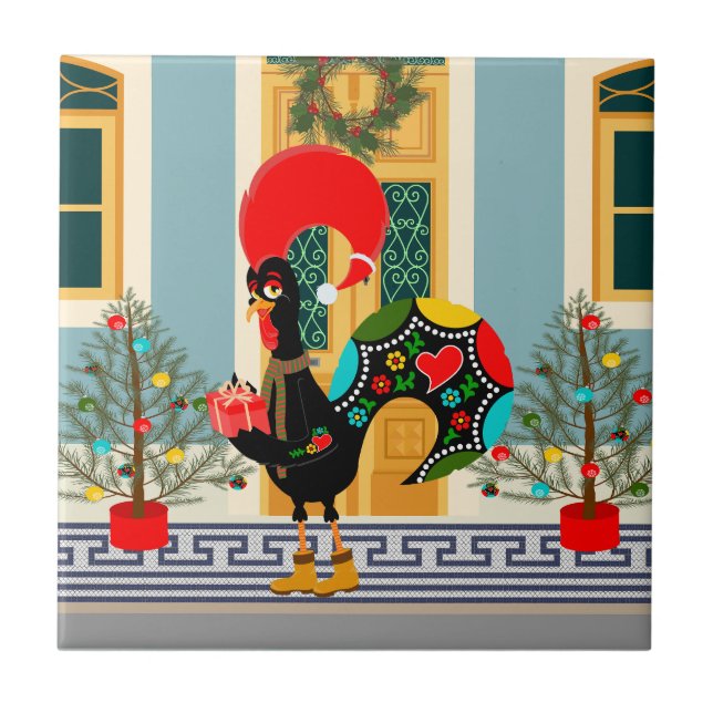 Portugiesisches Weihnachtsschmuckhaus mit Rooster Fliese (Vorderseite)
