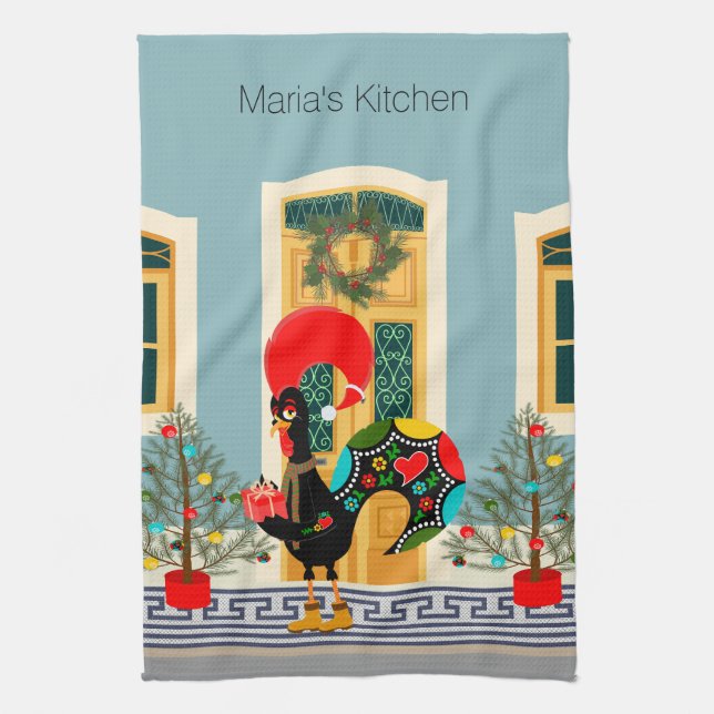 Portugiesisches Weihnachtsschmuckhaus mit Rooster Geschirrtuch (Vertikal)